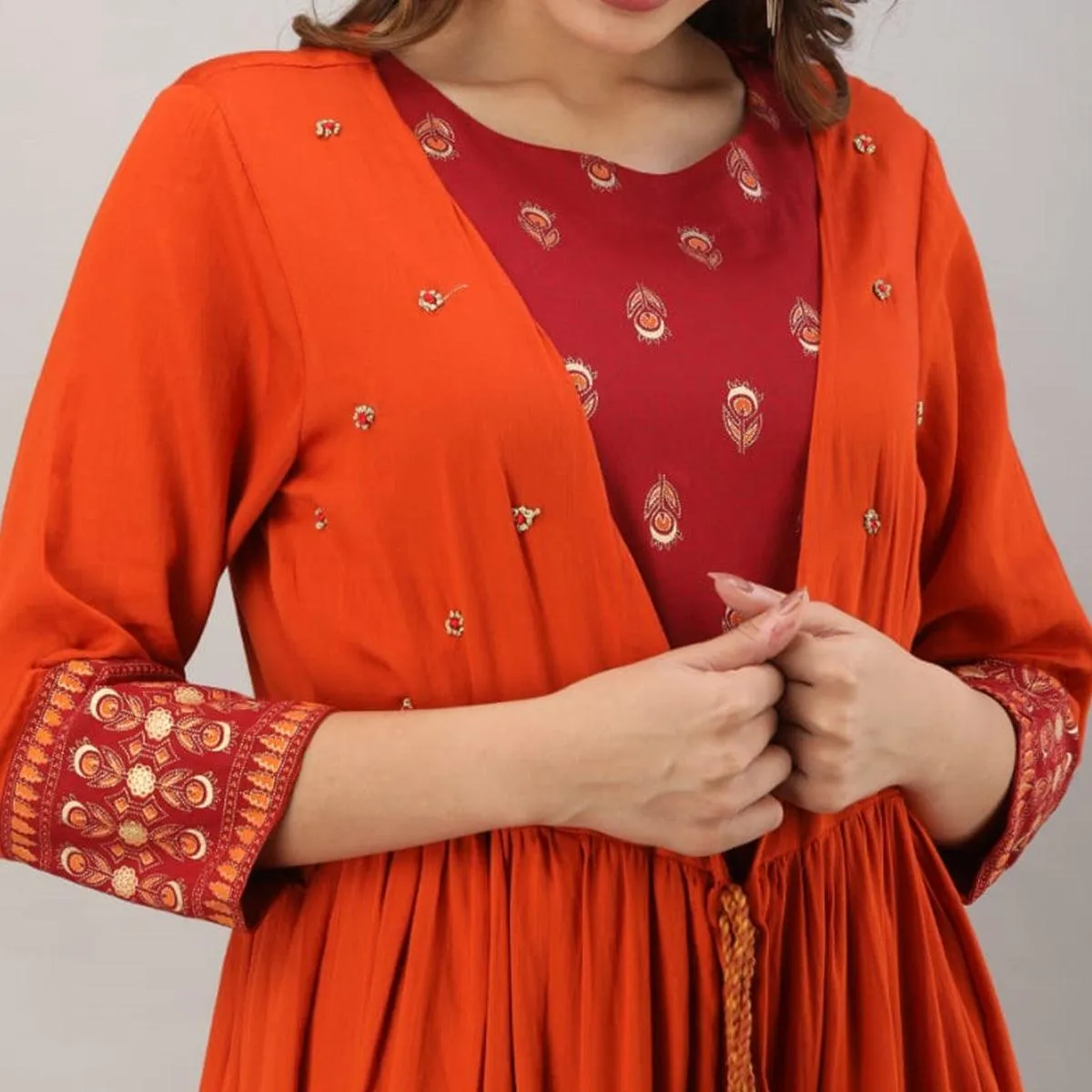 Adorning Red - Orange Colored Partywear Printed Koti Style Cotton Kurti