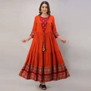 Adorning Red - Orange Colored Partywear Printed Koti Style Cotton Kurti