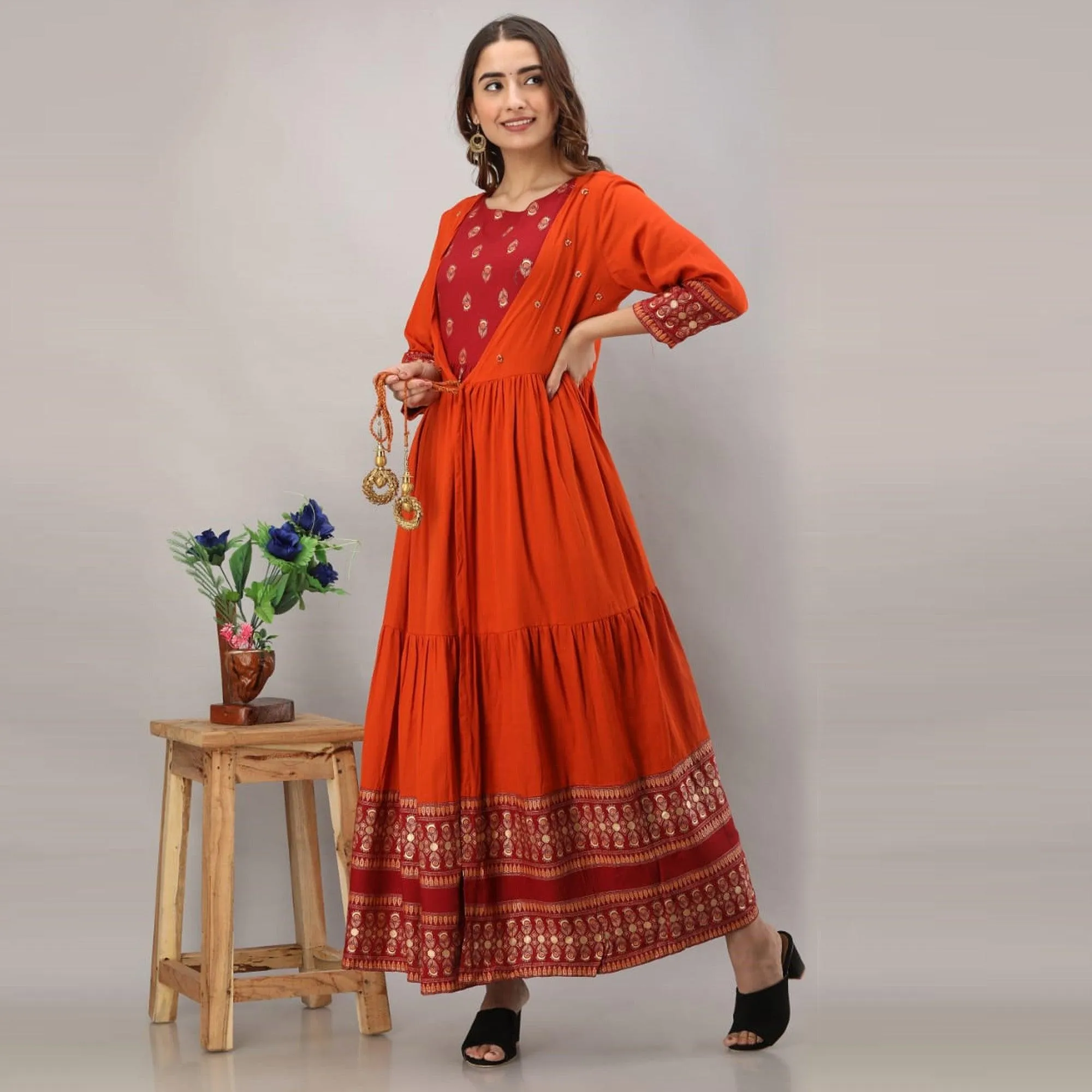 Adorning Red - Orange Colored Partywear Printed Koti Style Cotton Kurti