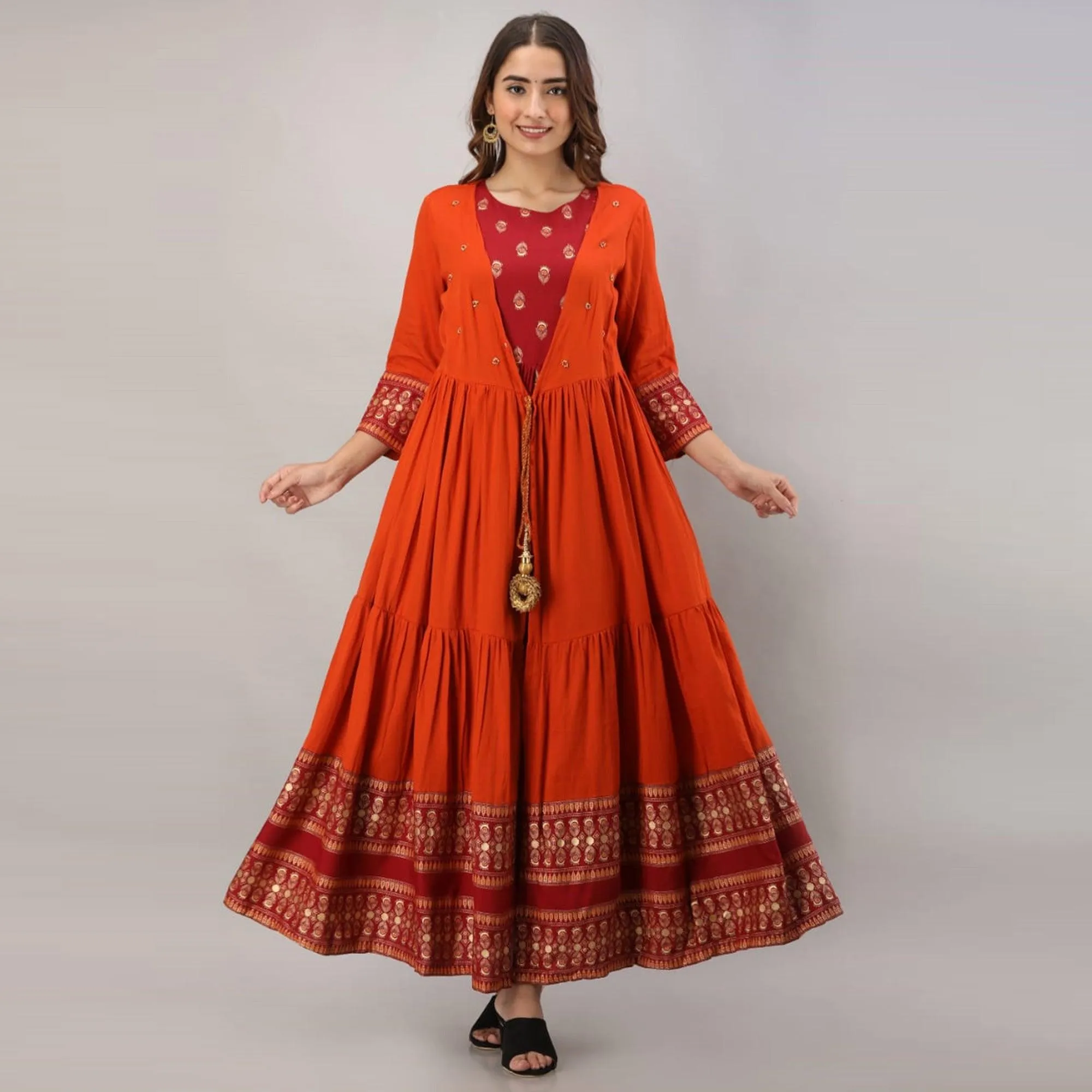 Adorning Red - Orange Colored Partywear Printed Koti Style Cotton Kurti