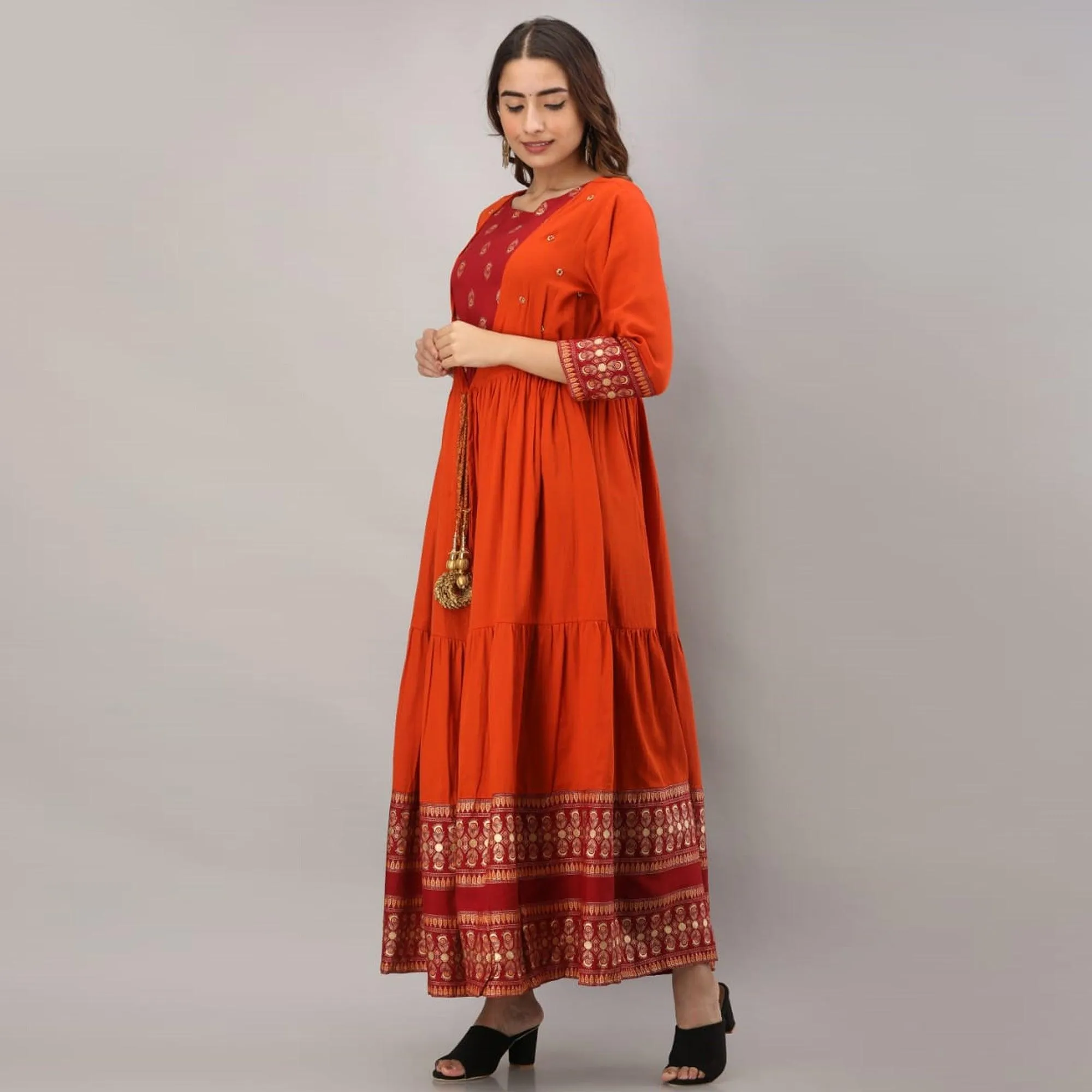 Adorning Red - Orange Colored Partywear Printed Koti Style Cotton Kurti