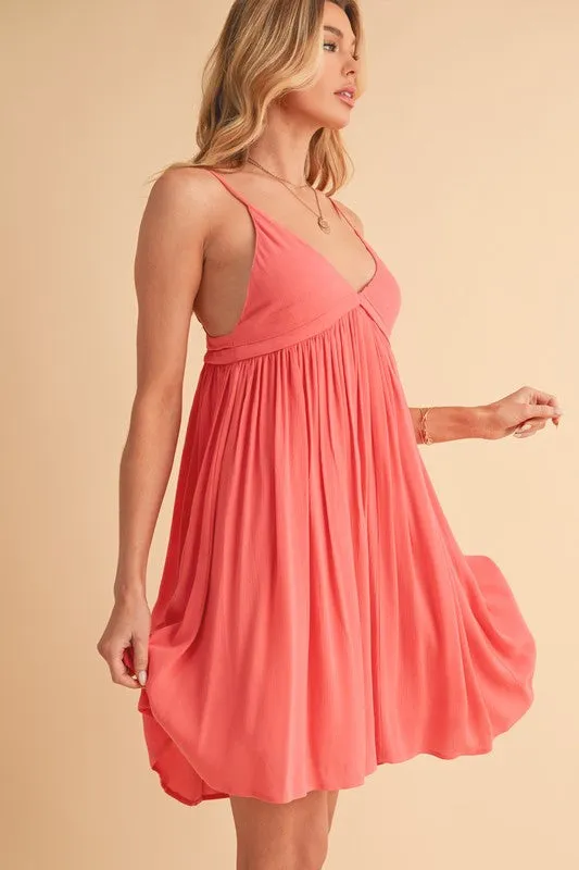 Aemi   Co Ruched Plunge Mini Cami Dress in Coral