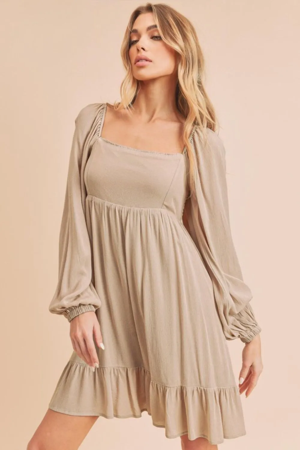 Aemi   Co Ruffled Hem Square Neck Balloon Sleeve Mini Dress
