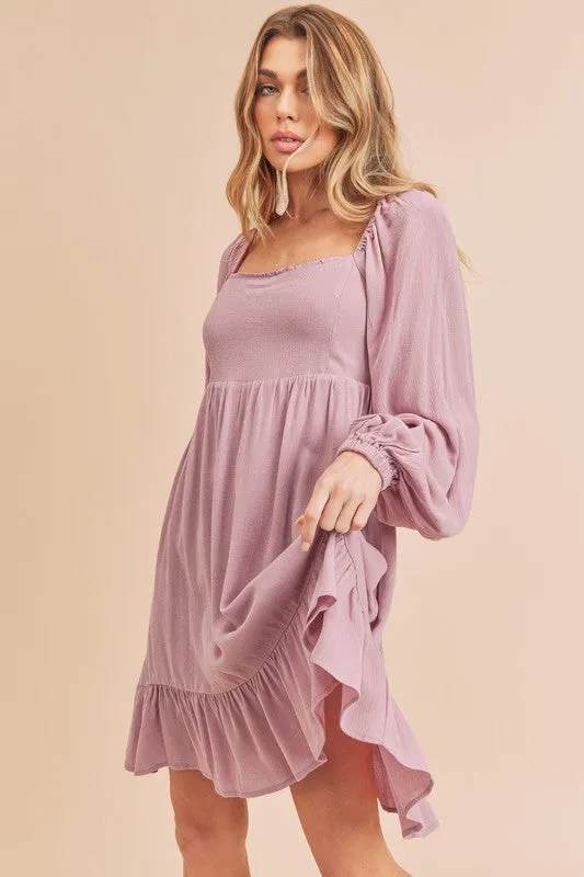 Aemi   Co Ruffled Hem Square Neck Balloon Sleeve Mini Dress