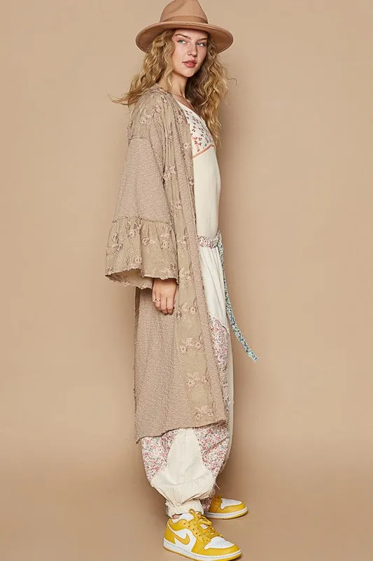 Alaiya Flower Lace Trim Open Front Longline Cardigan