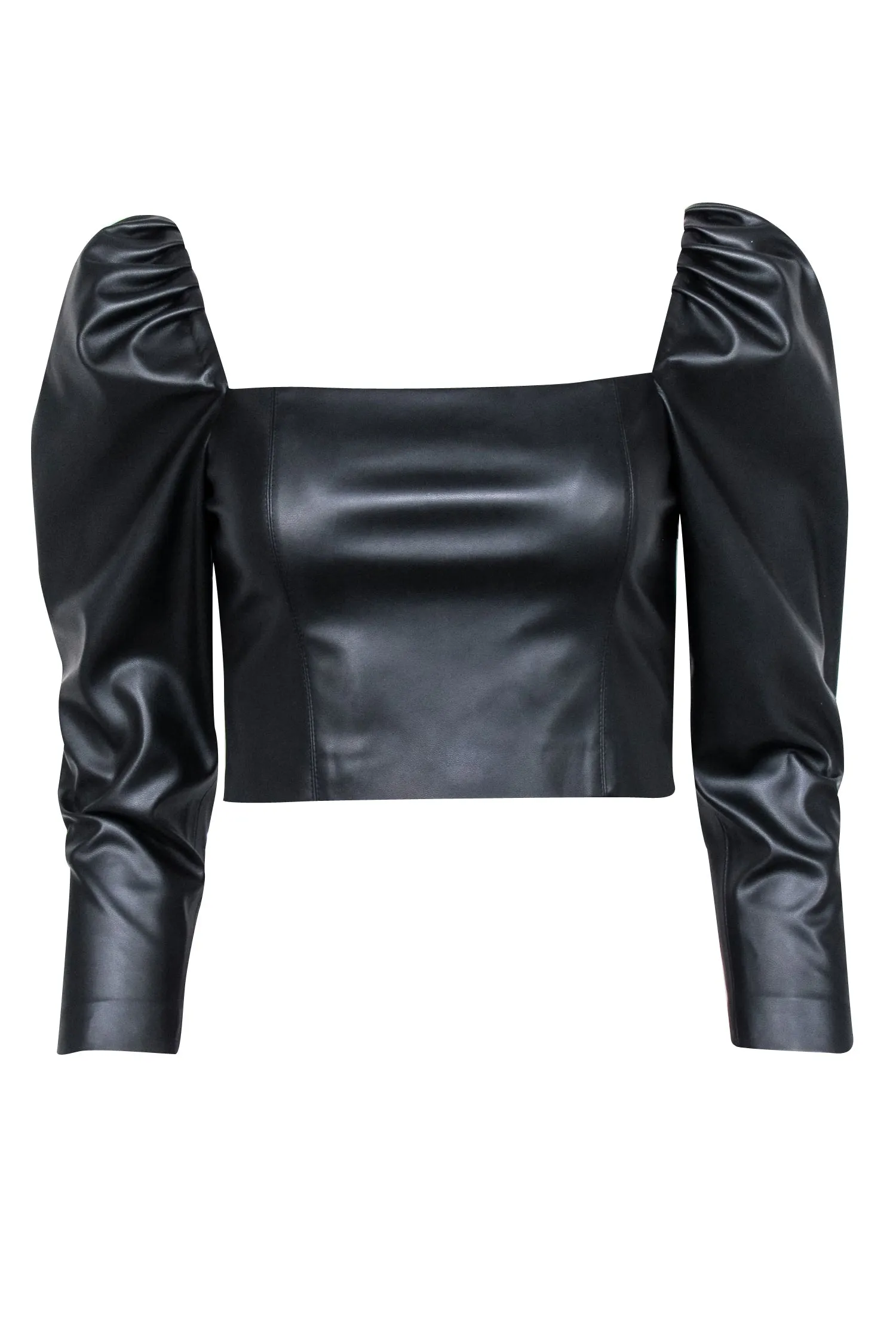 Alice & Olivia - Black Faux Leather Cropped Puff Sleeve Top Sz 4