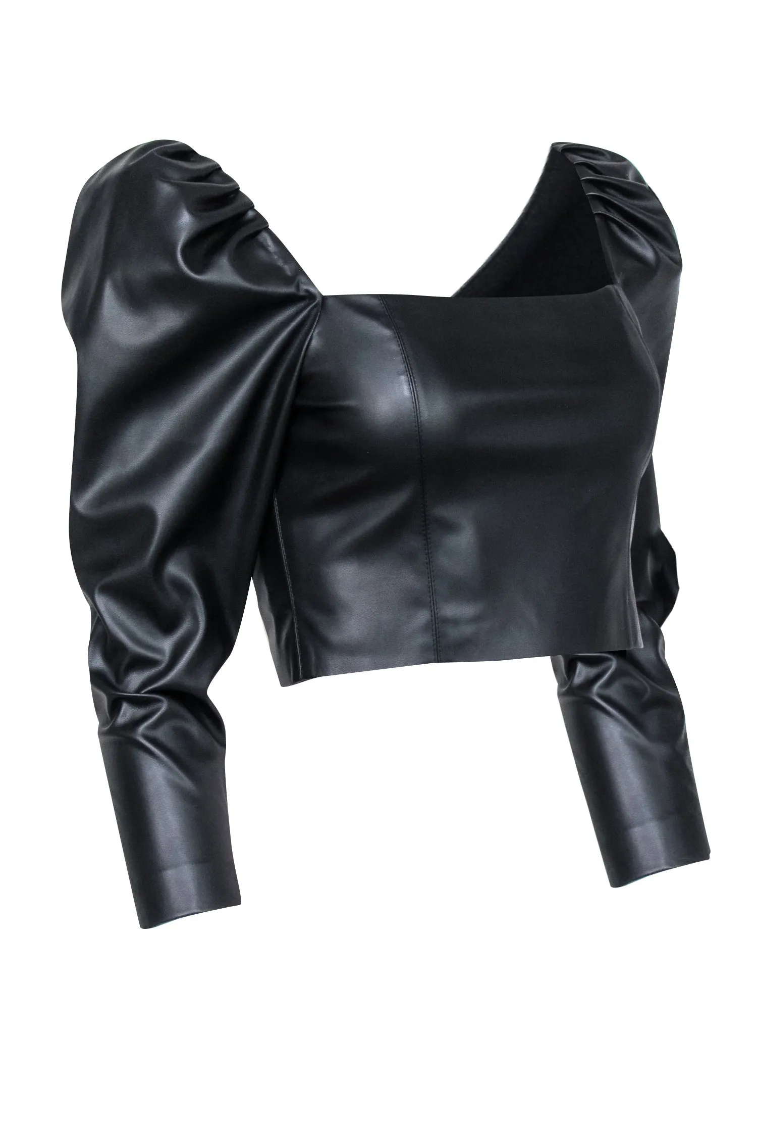 Alice & Olivia - Black Faux Leather Cropped Puff Sleeve Top Sz 4