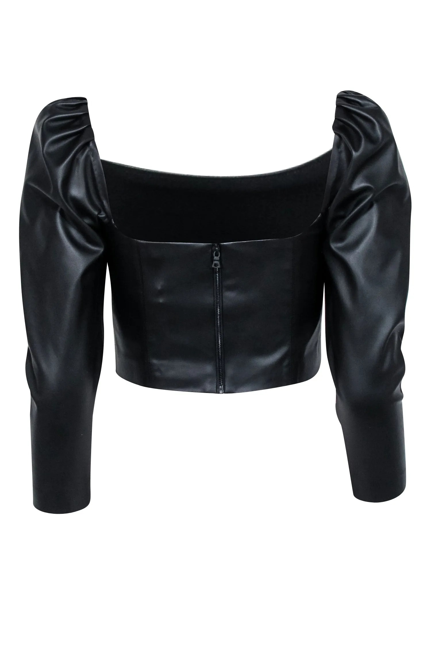 Alice & Olivia - Black Faux Leather Cropped Puff Sleeve Top Sz 4