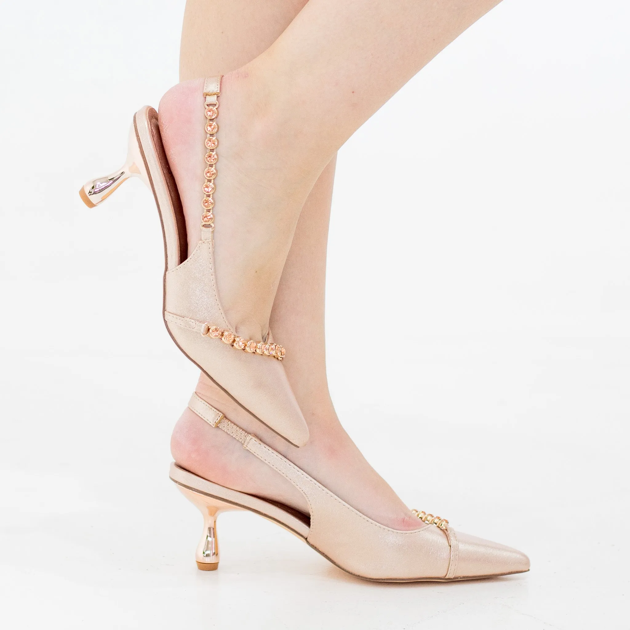 Amana 6cm heel diamante detailed pointy sling back champagne
