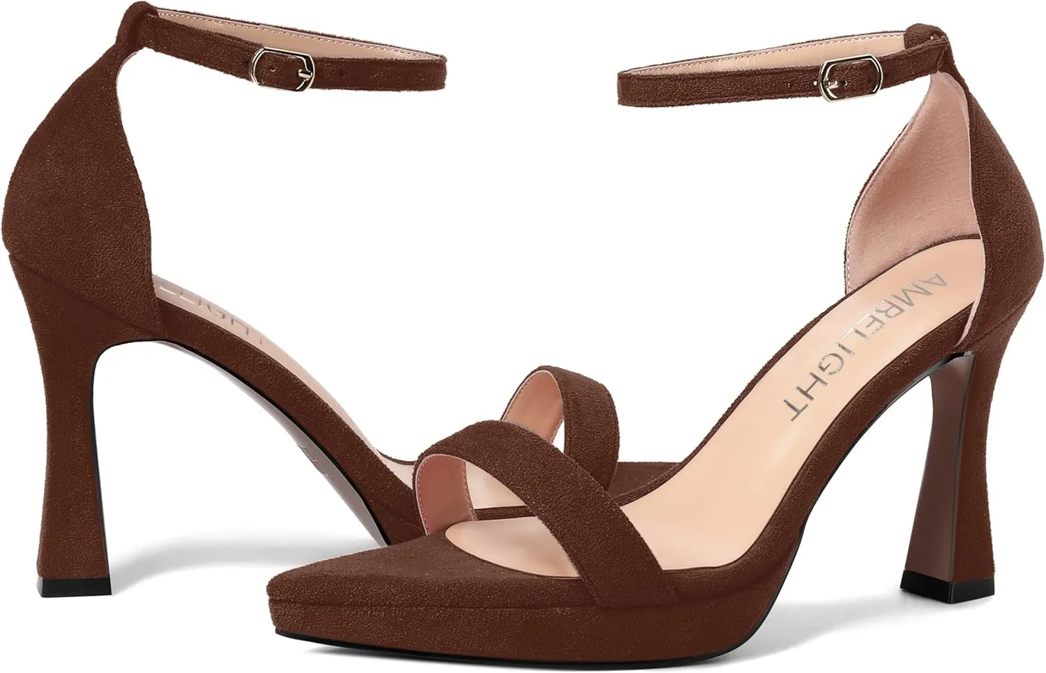 AMBELIGHT Womens Platform Ankle Strap Open Toe Cute Suede Party Heels Buckle Stiletto High Heel Sandals 4 Inch