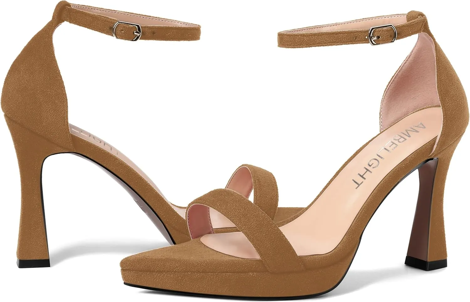 AMBELIGHT Womens Platform Ankle Strap Open Toe Cute Suede Party Heels Buckle Stiletto High Heel Sandals 4 Inch