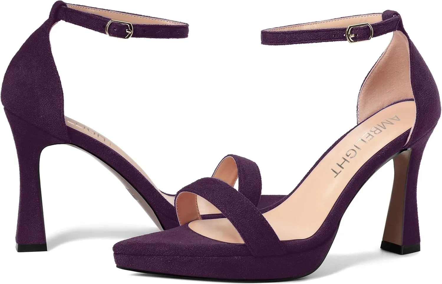 AMBELIGHT Womens Platform Ankle Strap Open Toe Cute Suede Party Heels Buckle Stiletto High Heel Sandals 4 Inch