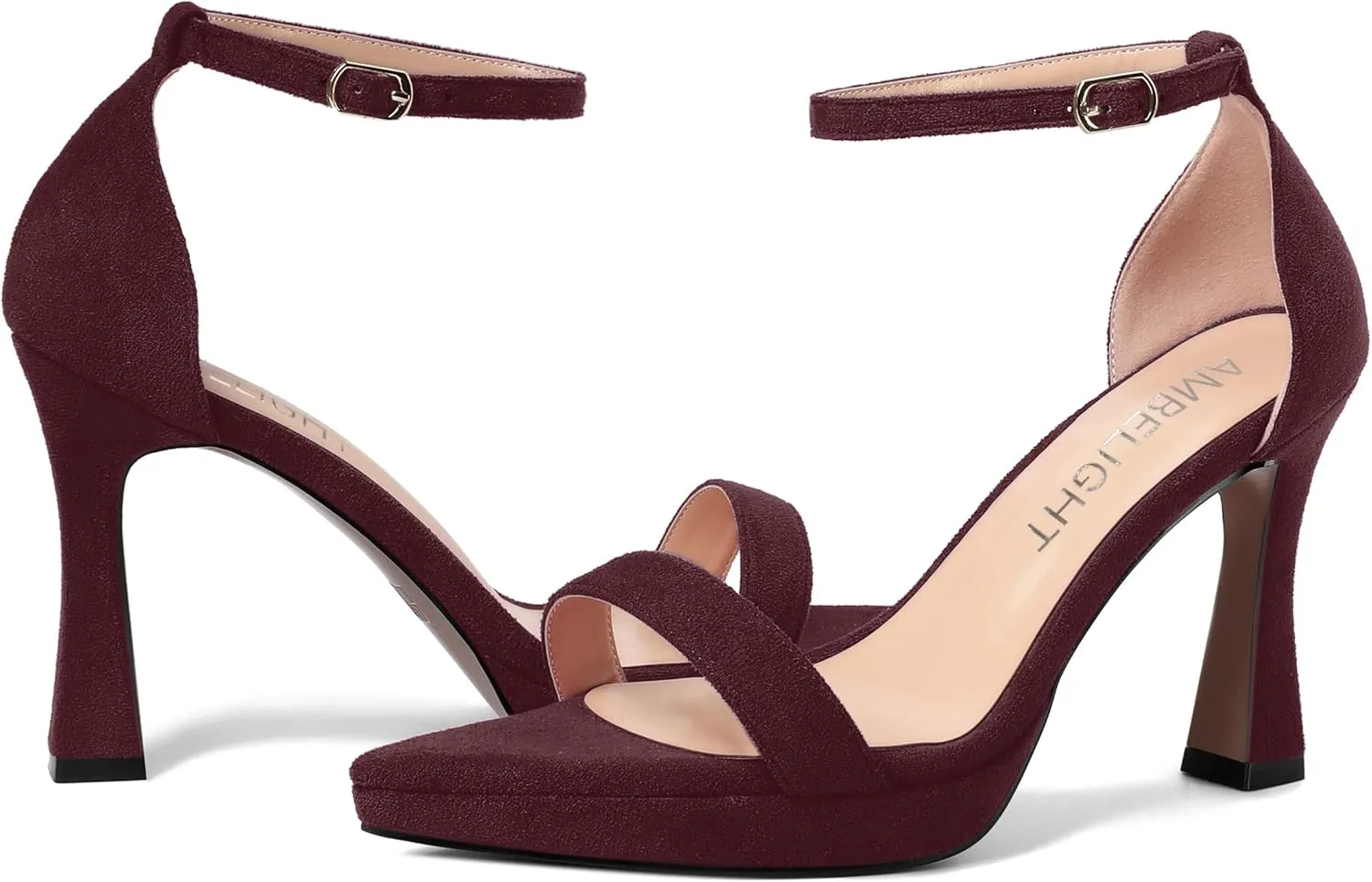 AMBELIGHT Womens Platform Ankle Strap Open Toe Cute Suede Party Heels Buckle Stiletto High Heel Sandals 4 Inch