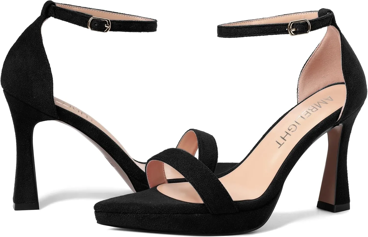AMBELIGHT Womens Platform Ankle Strap Open Toe Cute Suede Party Heels Buckle Stiletto High Heel Sandals 4 Inch