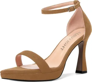 AMBELIGHT Womens Platform Ankle Strap Open Toe Cute Suede Party Heels Buckle Stiletto High Heel Sandals 4 Inch