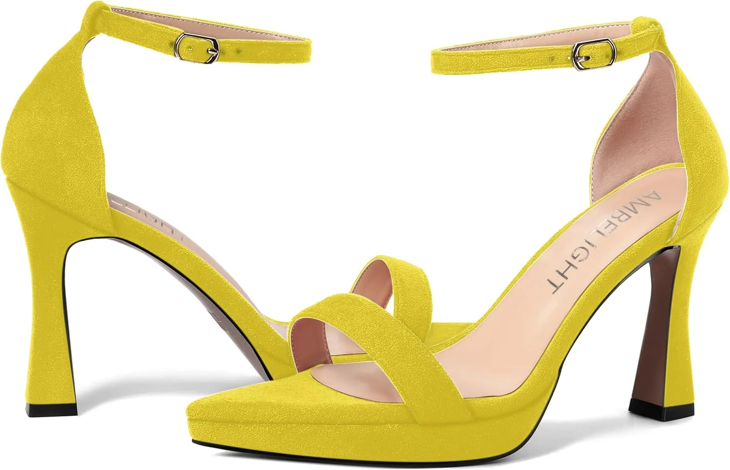 AMBELIGHT Womens Platform Ankle Strap Open Toe Cute Suede Party Heels Buckle Stiletto High Heel Sandals 4 Inch