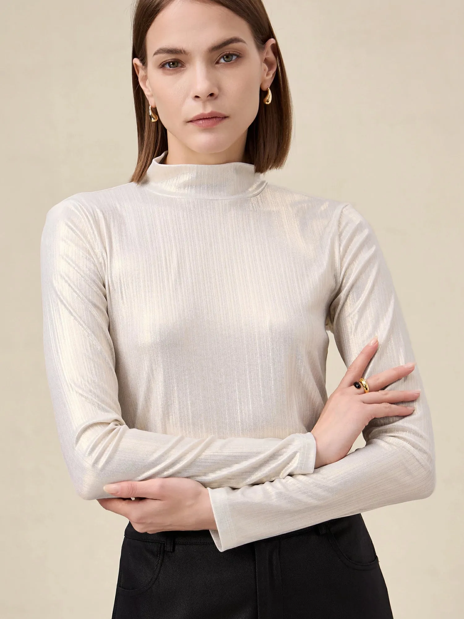 Amoretu Half Turtleneck Long Sleeve Shiny Shirt Top