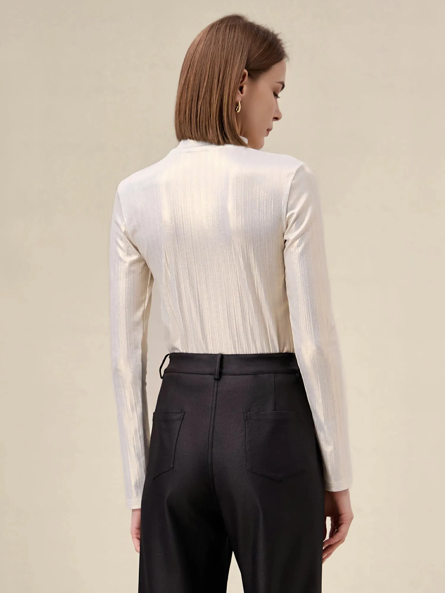 Amoretu Half Turtleneck Long Sleeve Shiny Shirt Top