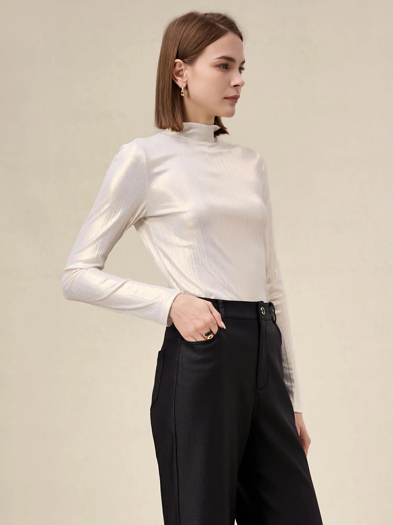 Amoretu Half Turtleneck Long Sleeve Shiny Shirt Top
