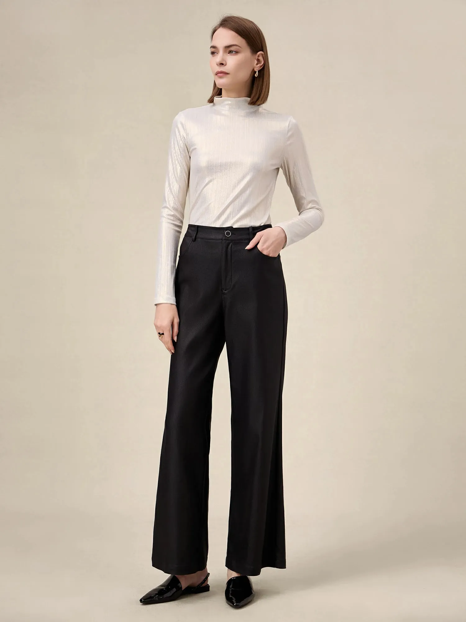 Amoretu Half Turtleneck Long Sleeve Shiny Shirt Top