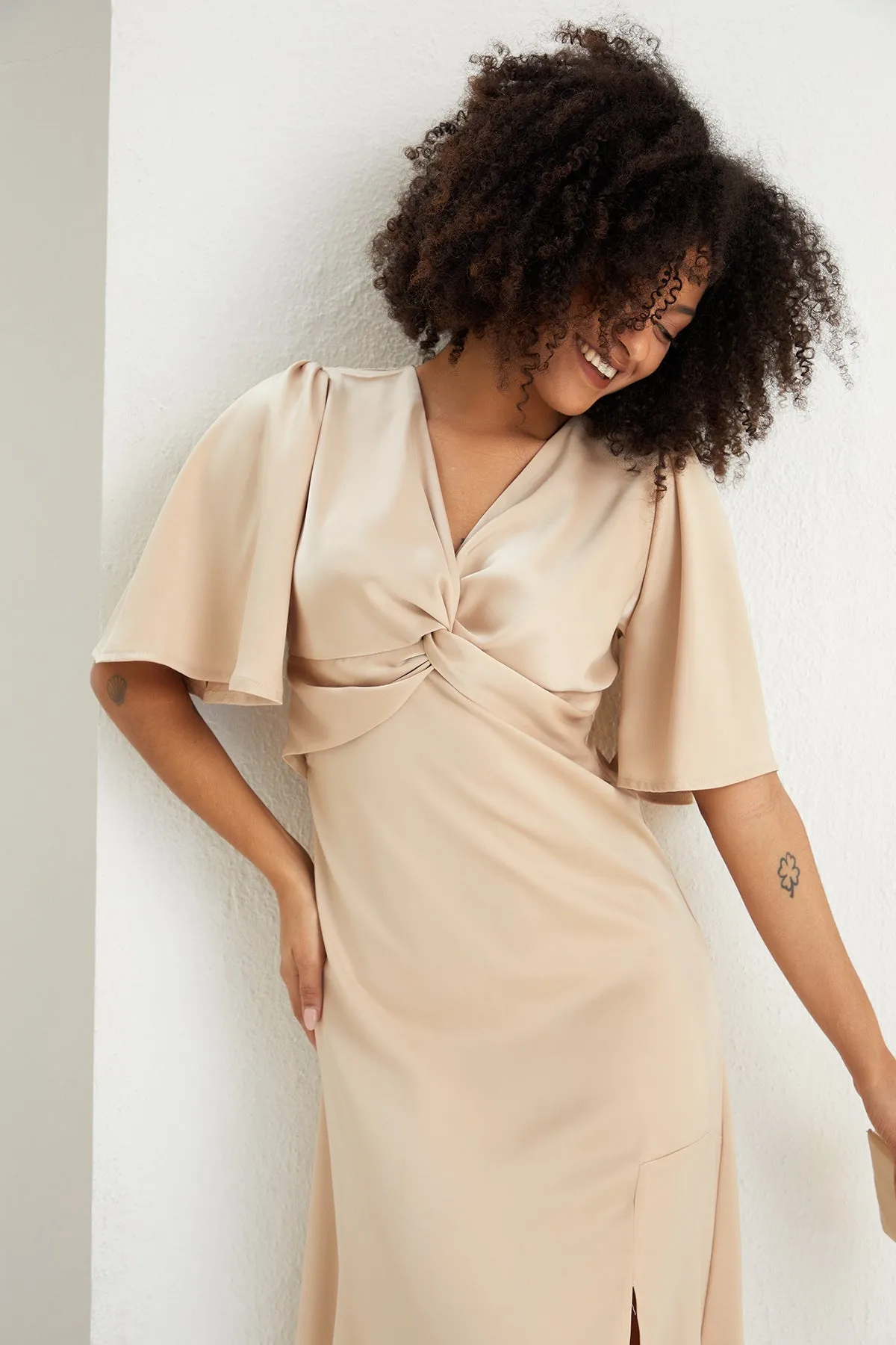 Angel Sleeve Satin Maxi Dress with Twist in Beige