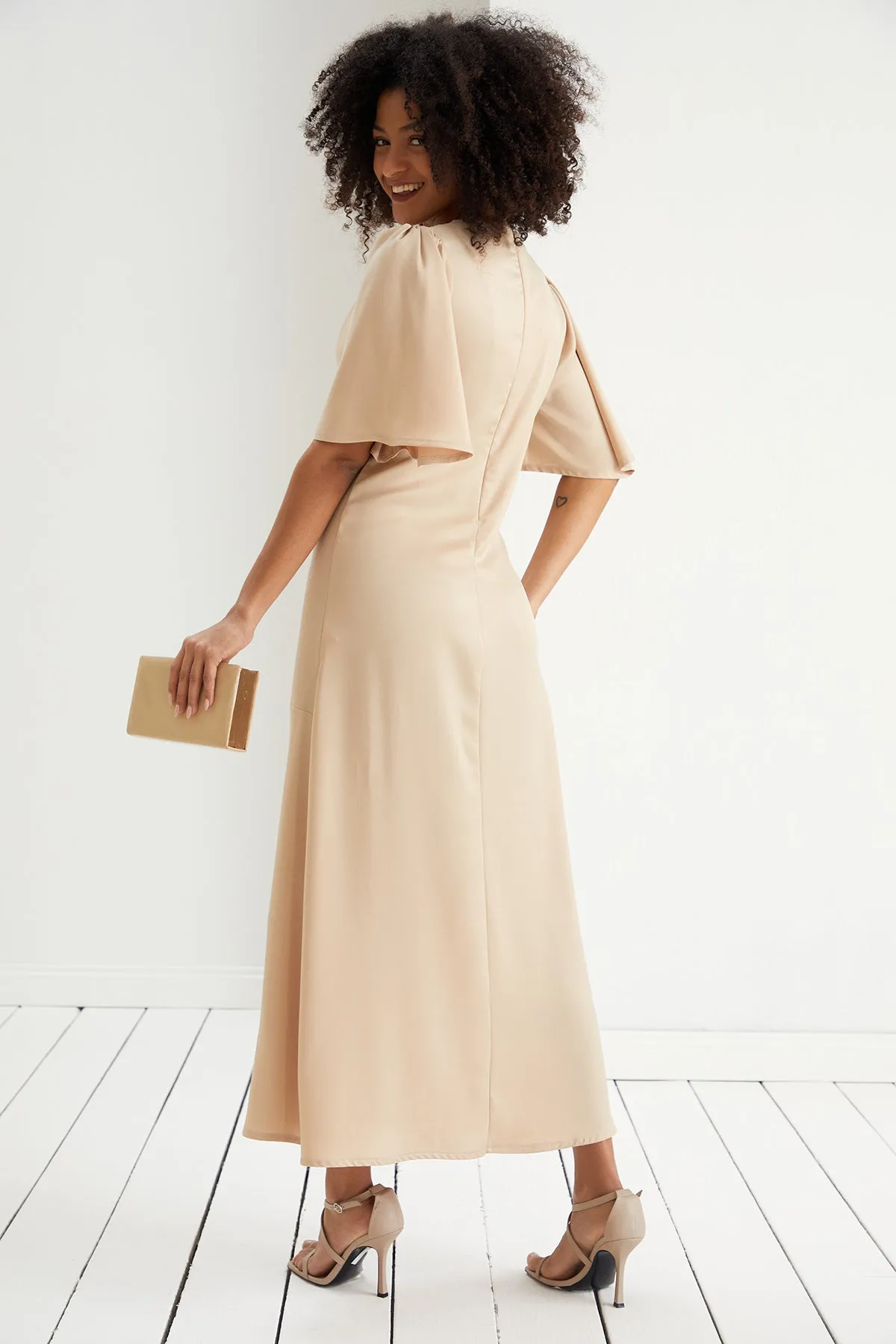 Angel Sleeve Satin Maxi Dress with Twist in Beige
