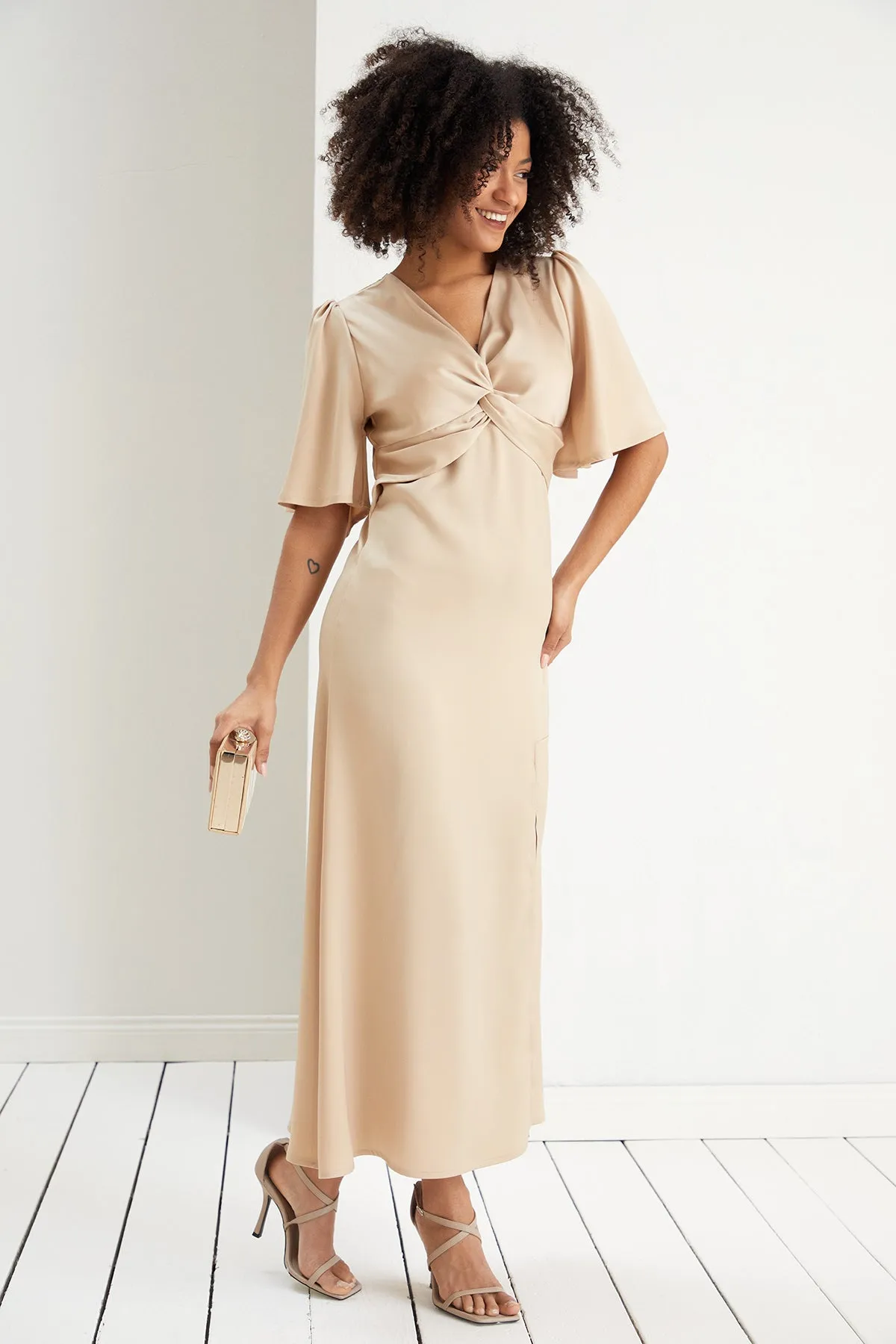 Angel Sleeve Satin Maxi Dress with Twist in Beige
