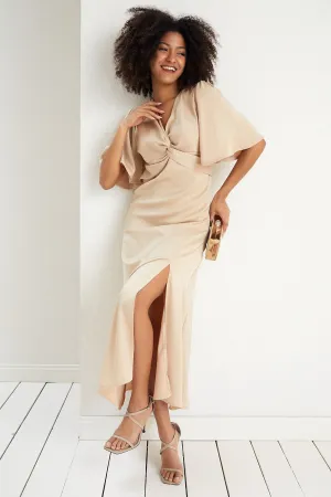 Angel Sleeve Satin Maxi Dress with Twist in Beige