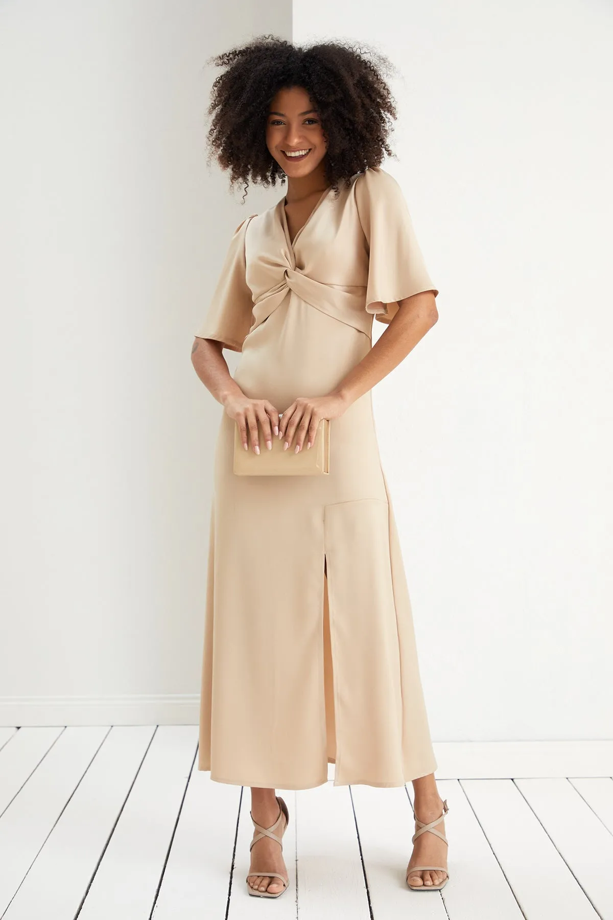 Angel Sleeve Satin Maxi Dress with Twist in Beige