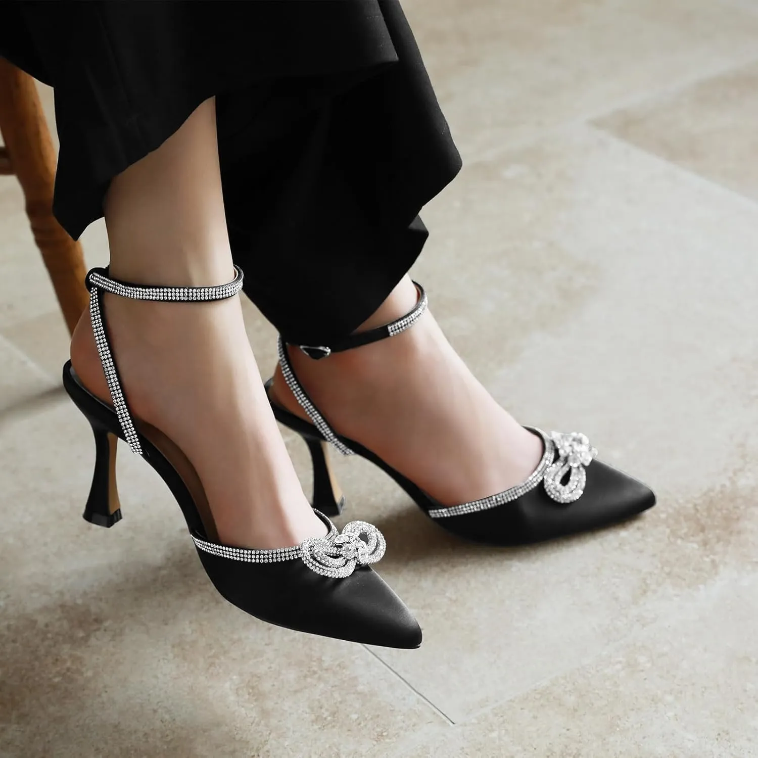 Ankis Women's Rhinestone Bow Heels Closed Toe Pumps Strappy Heels for Women