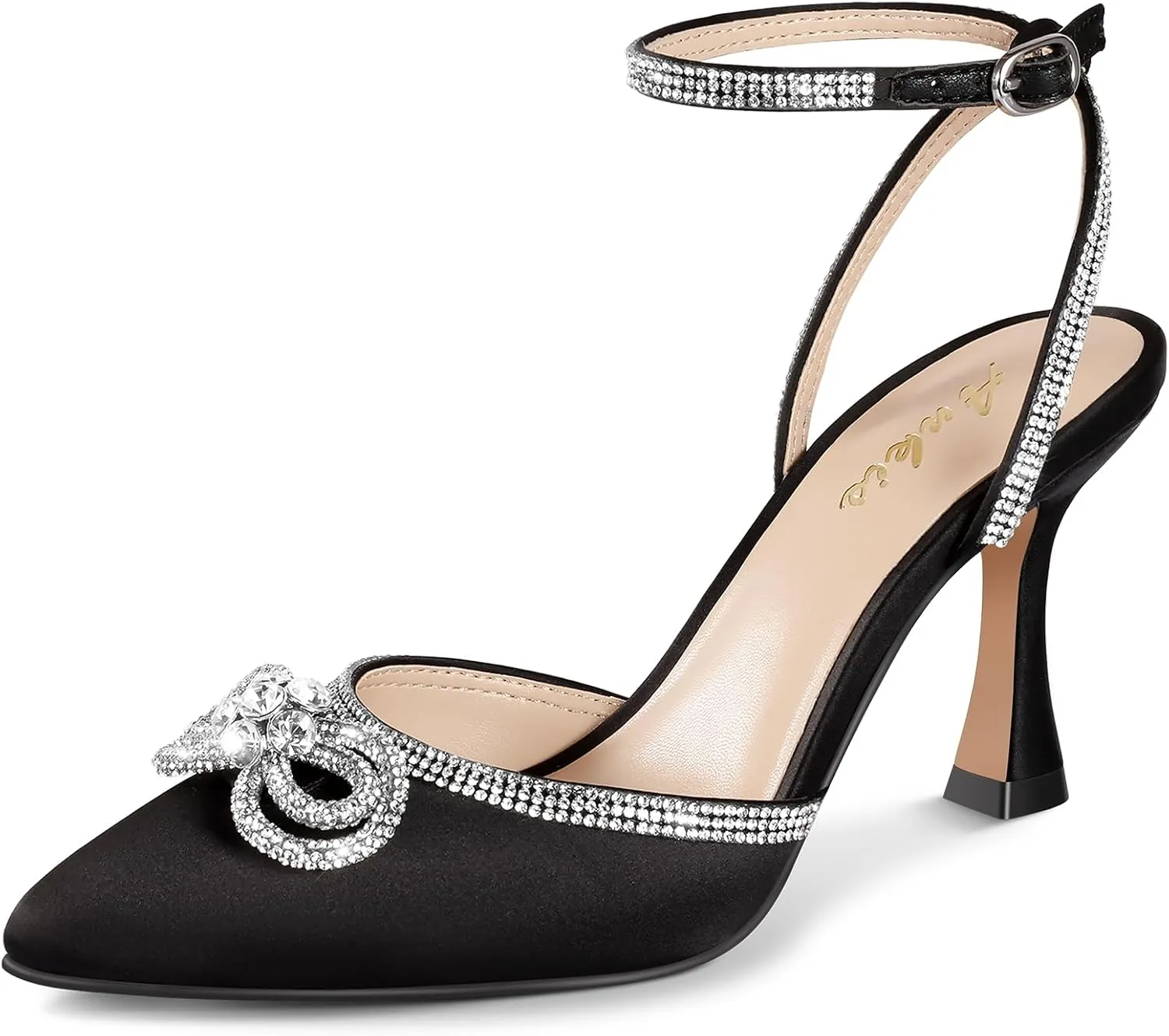 Ankis Women's Rhinestone Bow Heels Closed Toe Pumps Strappy Heels for Women