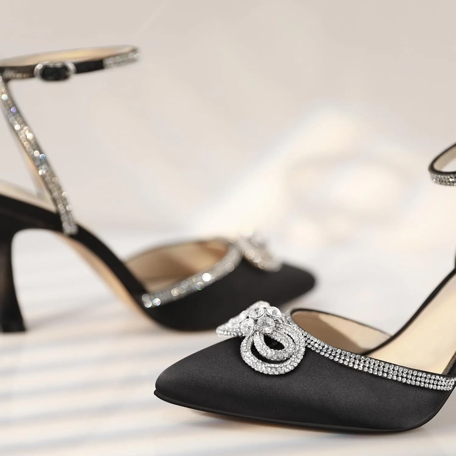 Ankis Women's Rhinestone Bow Heels Closed Toe Pumps Strappy Heels for Women