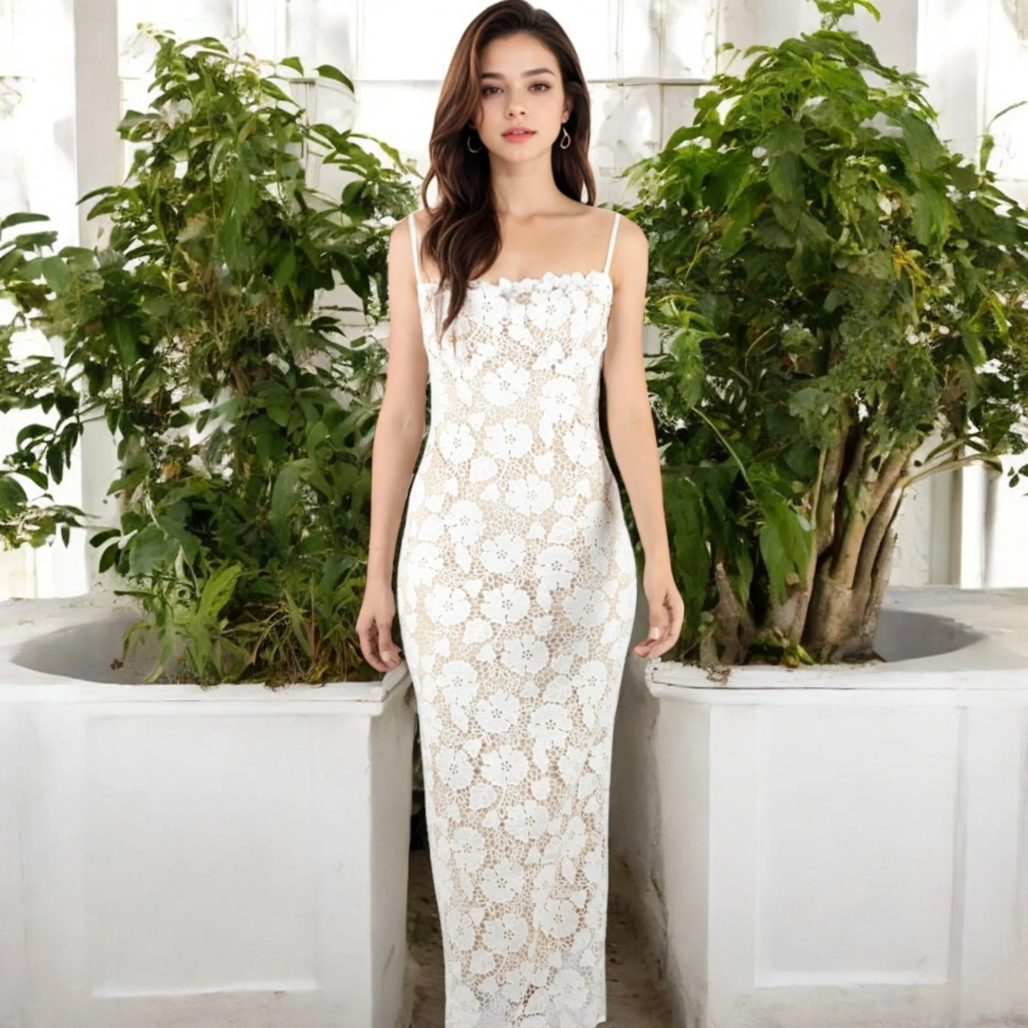 Anna-Kaci Women's Floral Lace Maxi Dress with Spaghetti Straps and Scalloped Hem