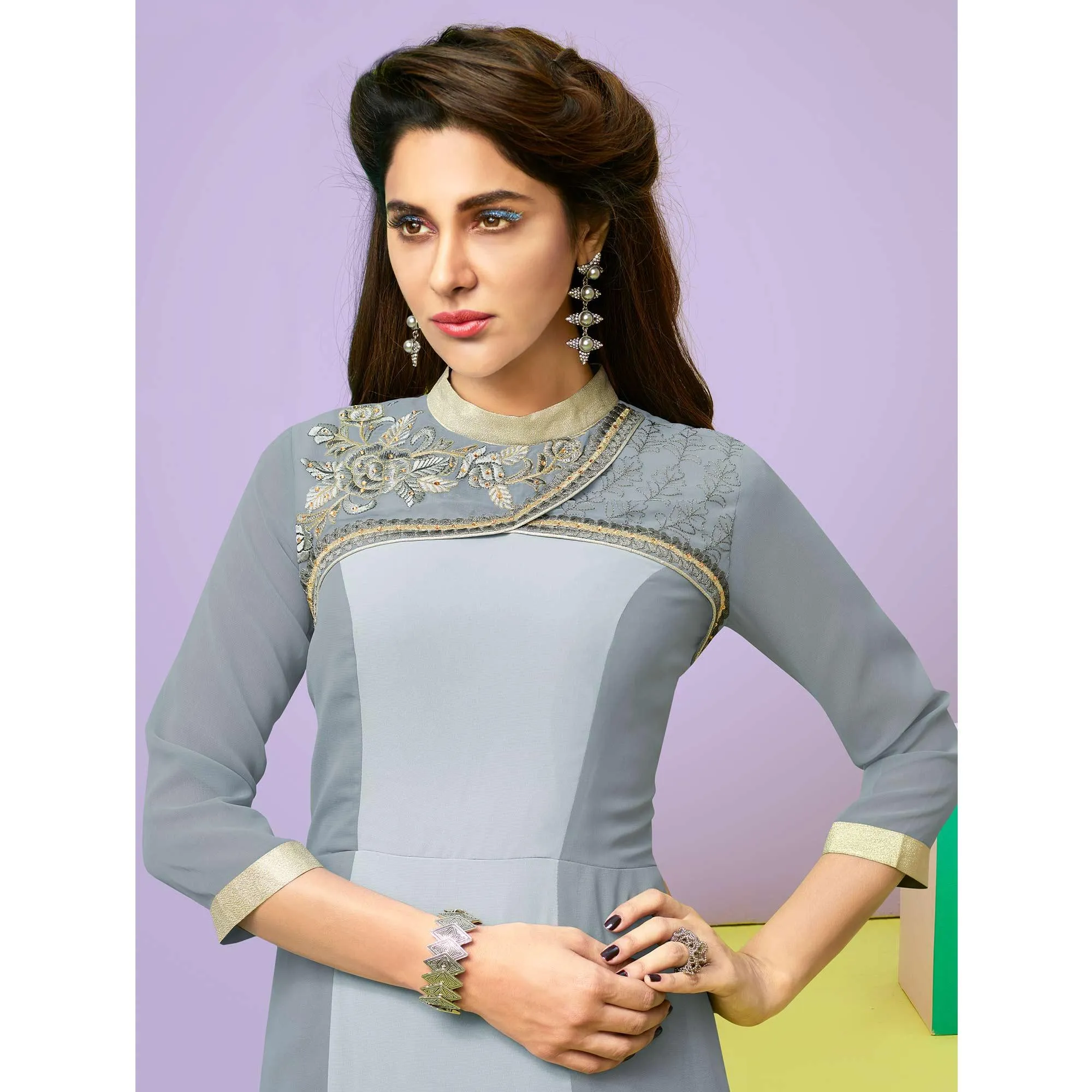 Appealing Grey Colored Party Wear Embroidered Faux Georgette Kurti