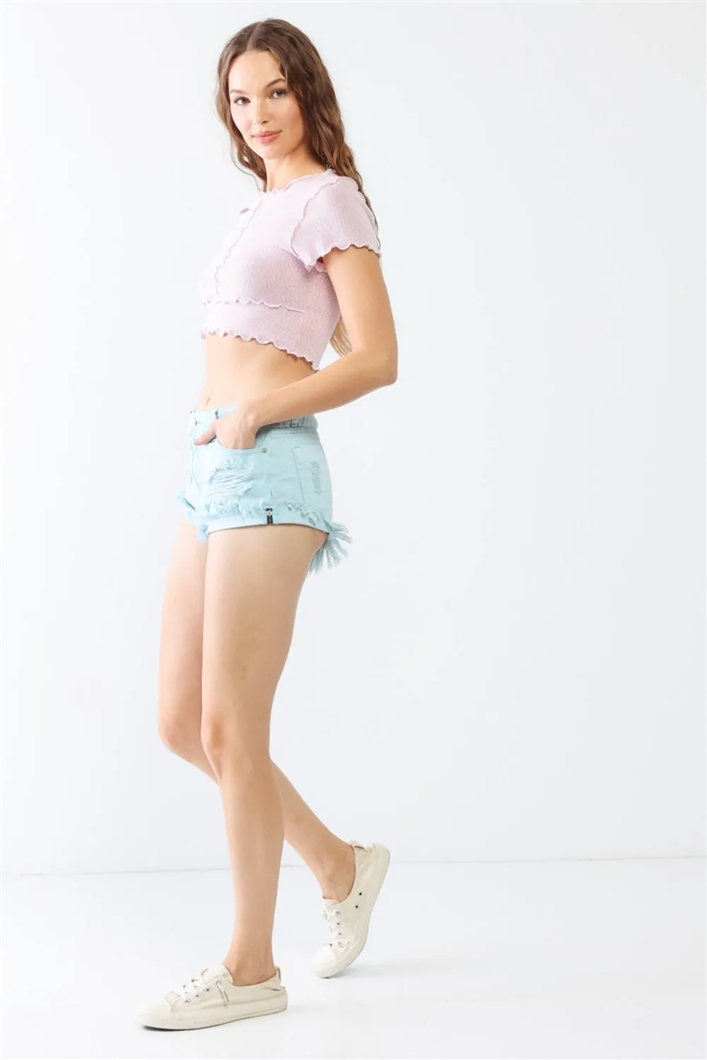 Aqua Distressed Ripped Denim Shorts