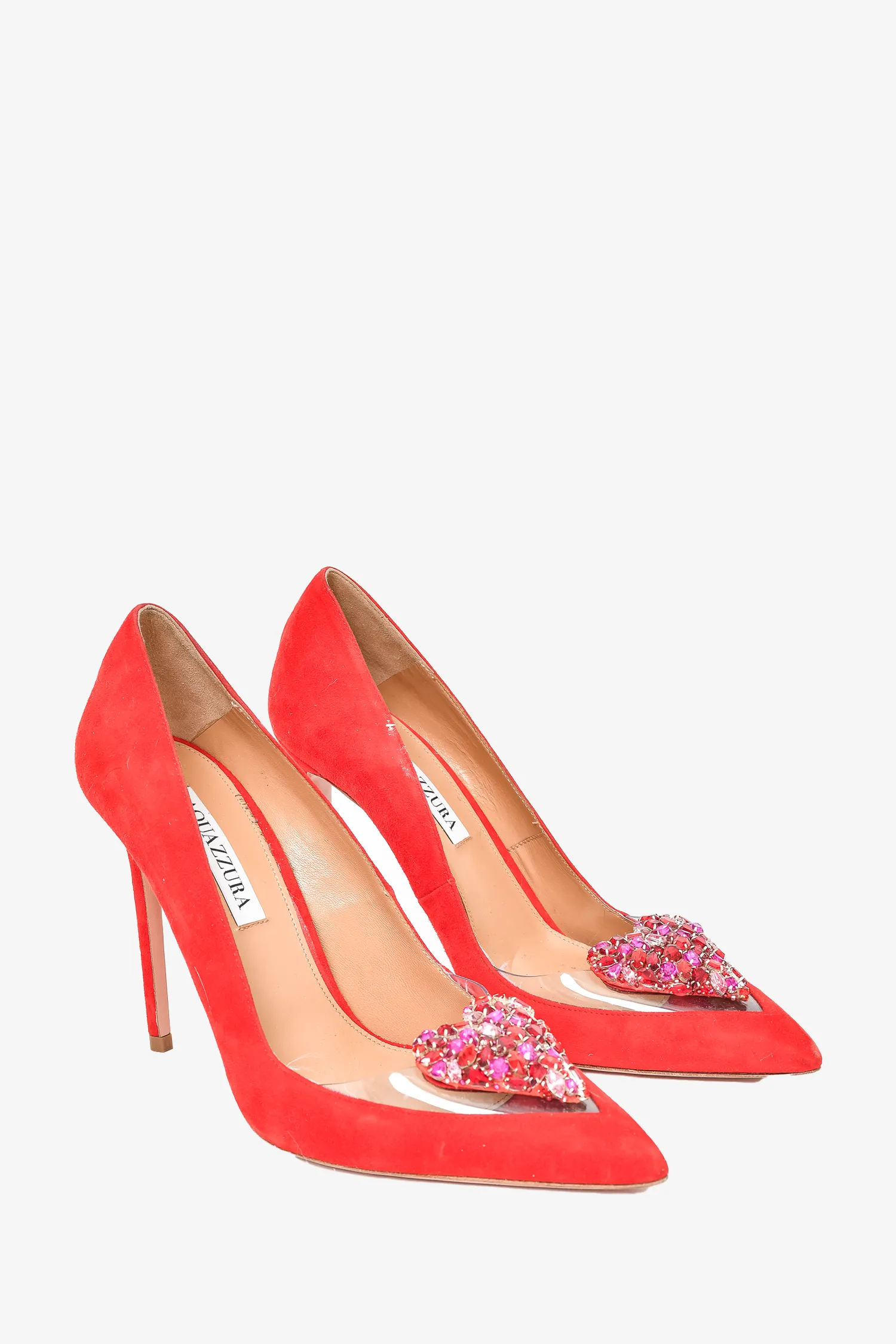 Aquazzura Red Suede Heart Embellished Heels Size 39