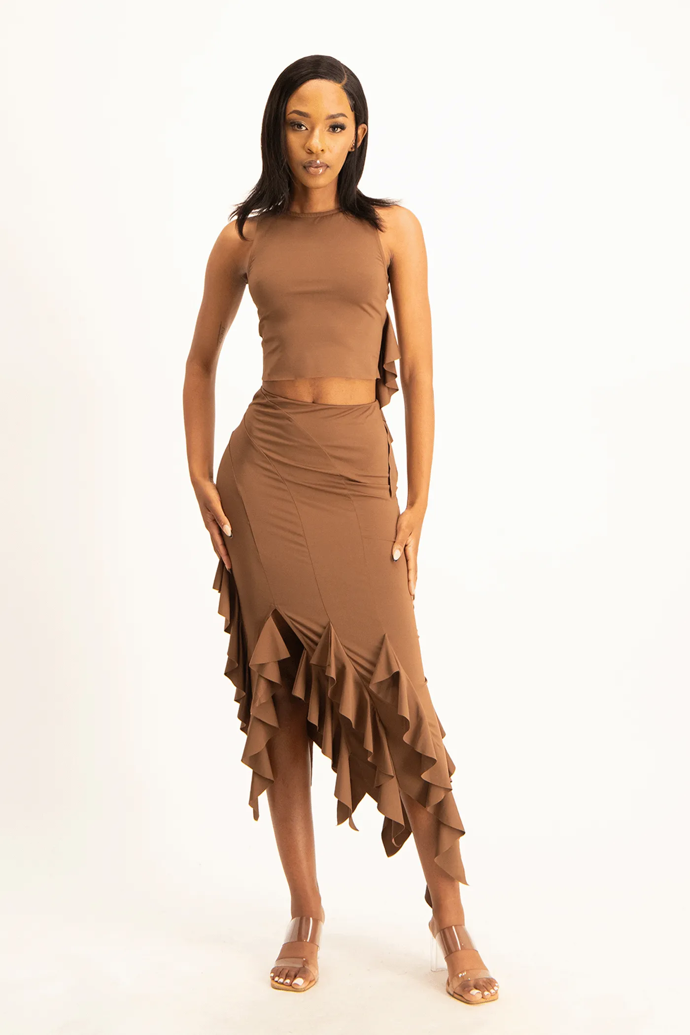 Araya Waterfall Ruffle Skirt - Pinecone