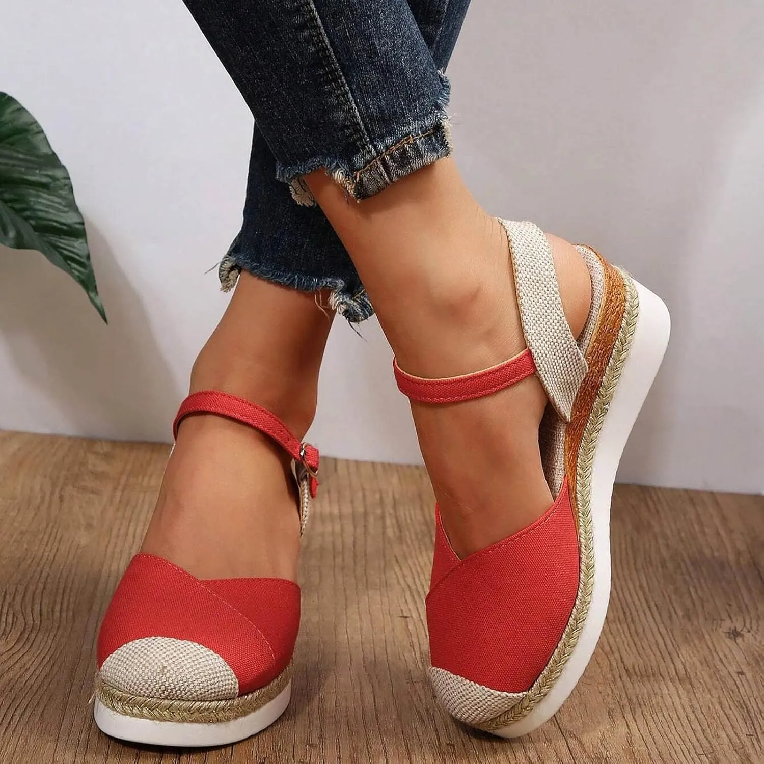 Arch Support Sandals Women'S For Women Canvas Colorblock Espadrille Wedge Shoes Casual Heels for Womens