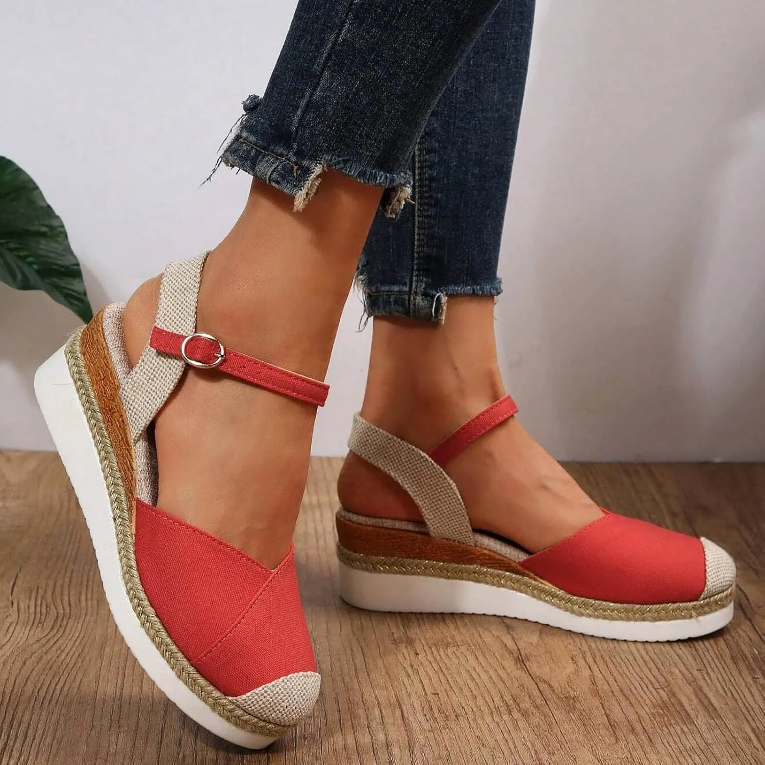 Arch Support Sandals Women'S For Women Canvas Colorblock Espadrille Wedge Shoes Casual Heels for Womens