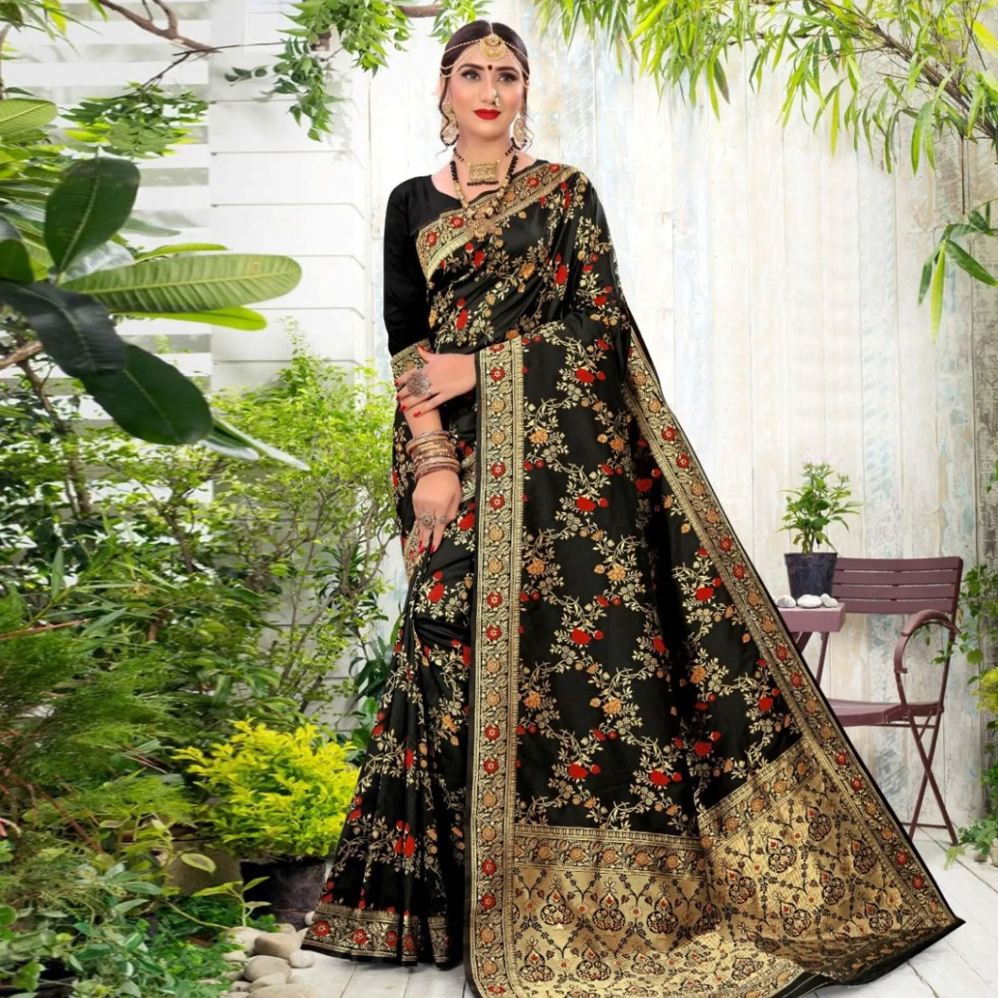 Arresting Black Colored Festive Wear Woven Lichi Silk Saree