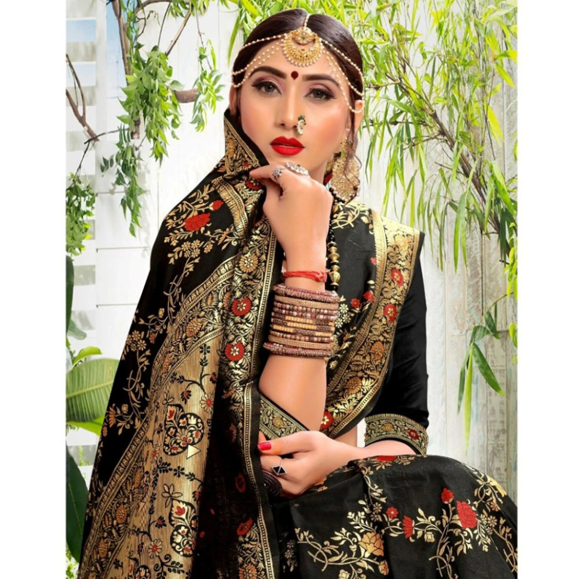 Arresting Black Colored Festive Wear Woven Lichi Silk Saree