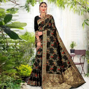 Arresting Black Colored Festive Wear Woven Lichi Silk Saree