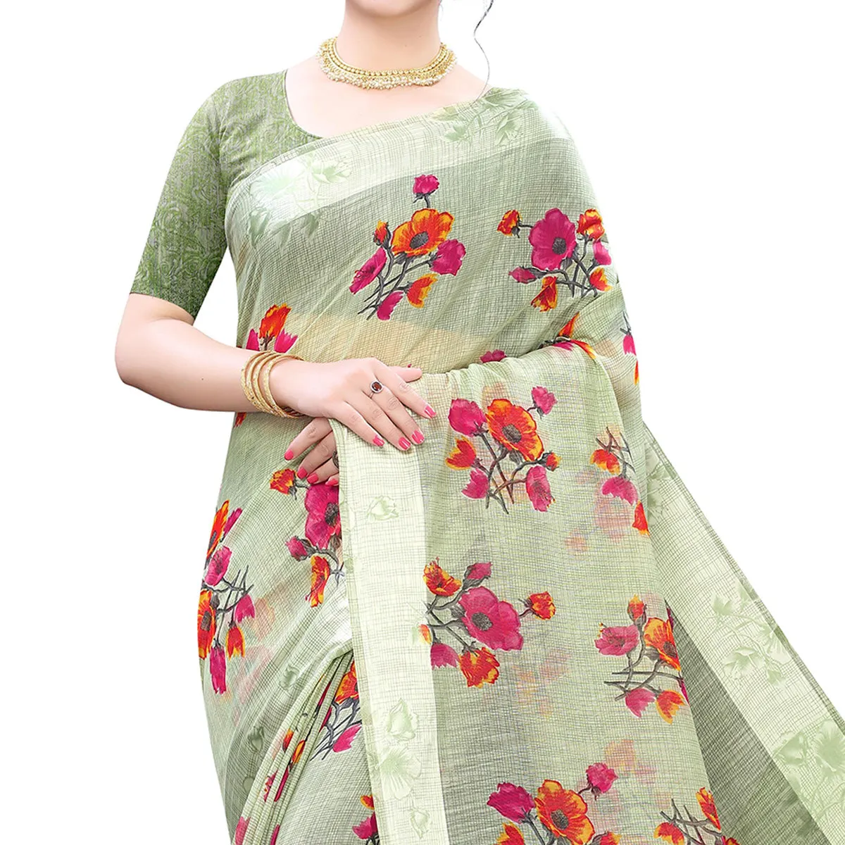 Arresting Light Green Colored Casual Wear Floral Printed Linen Saree