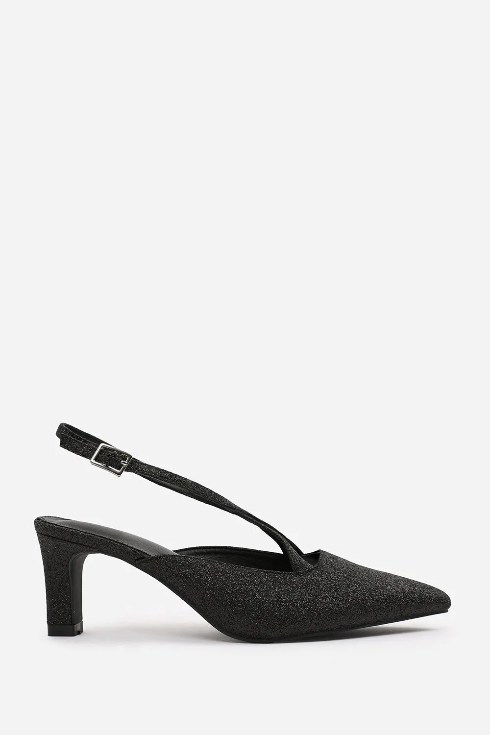 AUSTEN POINTED TOE LOW BLOCK HEEL WITH CROSS OVER ANKLE STRAP IN BLACK FINE GLITTER