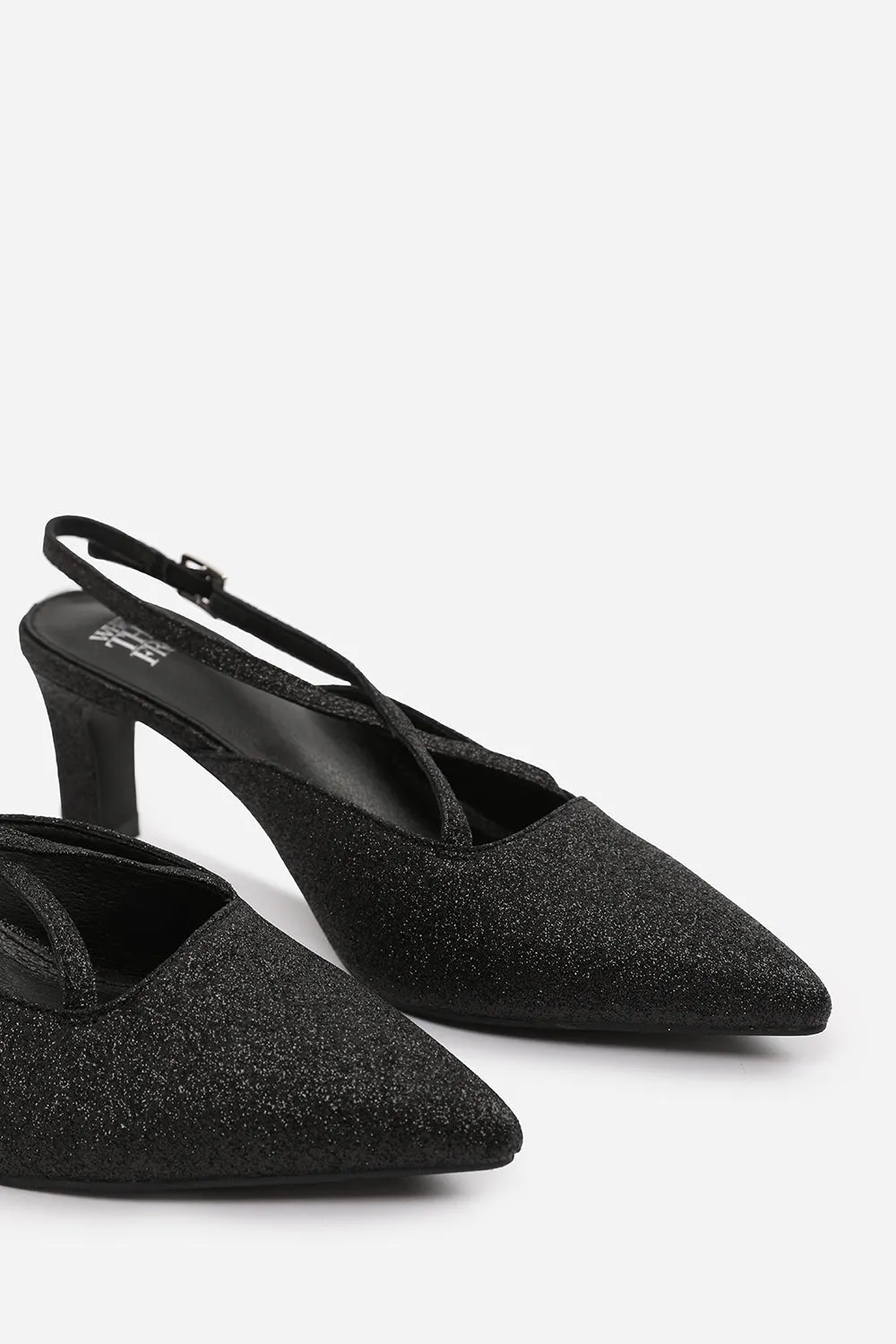 AUSTEN POINTED TOE LOW BLOCK HEEL WITH CROSS OVER ANKLE STRAP IN BLACK FINE GLITTER