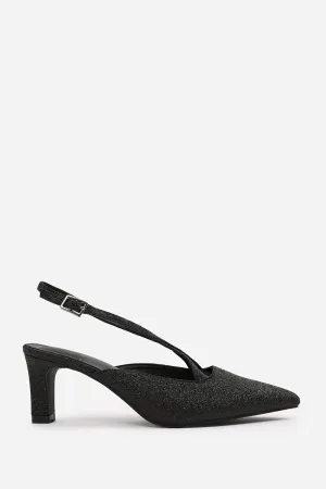 AUSTEN POINTED TOE LOW BLOCK HEEL WITH CROSS OVER ANKLE STRAP IN BLACK FINE GLITTER