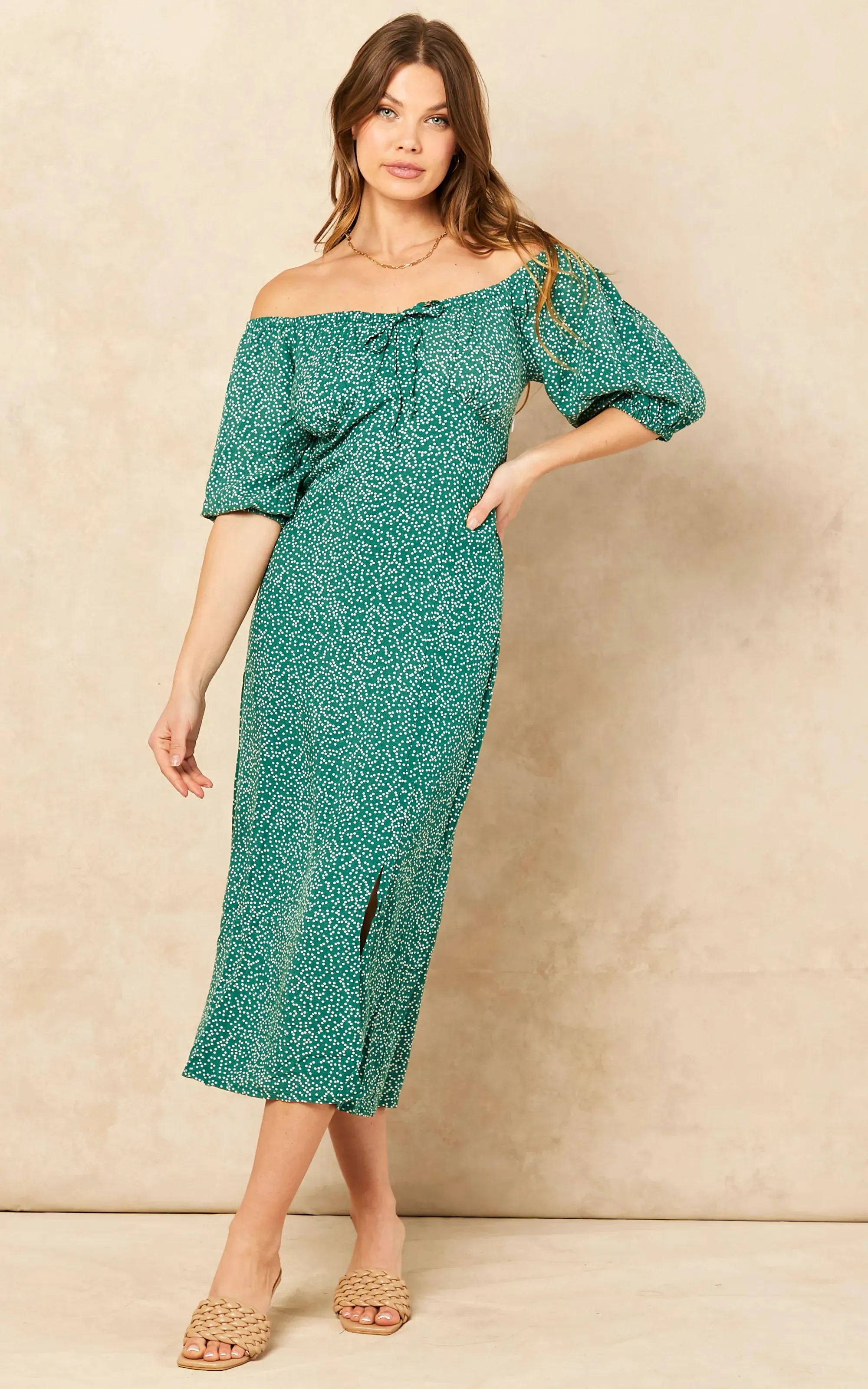 Bardot Midi Dress with slit in Green Polka Dot print