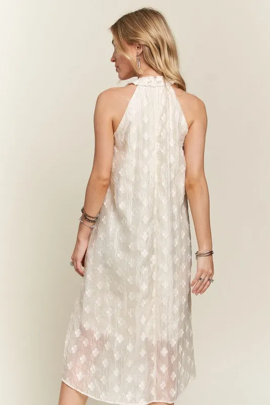 Beige Applique Pearl Detail Grecian Neck Midi Dress