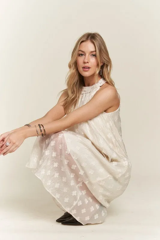 Beige Applique Pearl Detail Grecian Neck Midi Dress