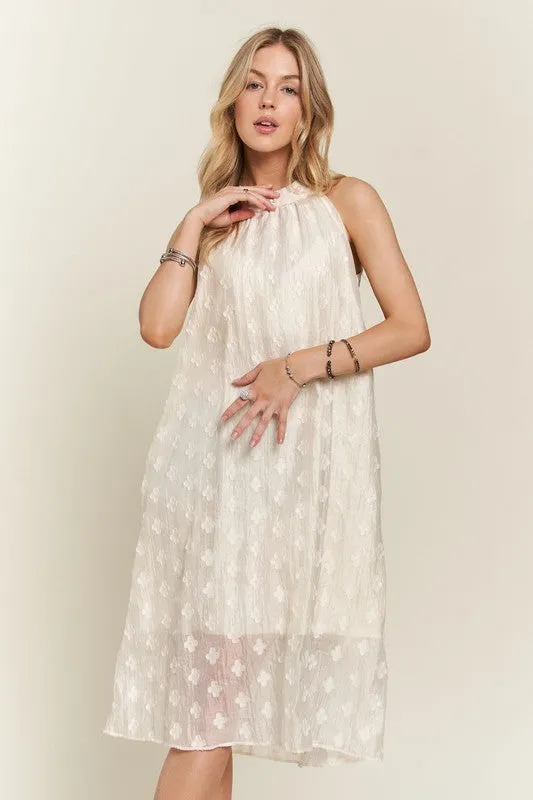 Beige Applique Pearl Detail Grecian Neck Midi Dress